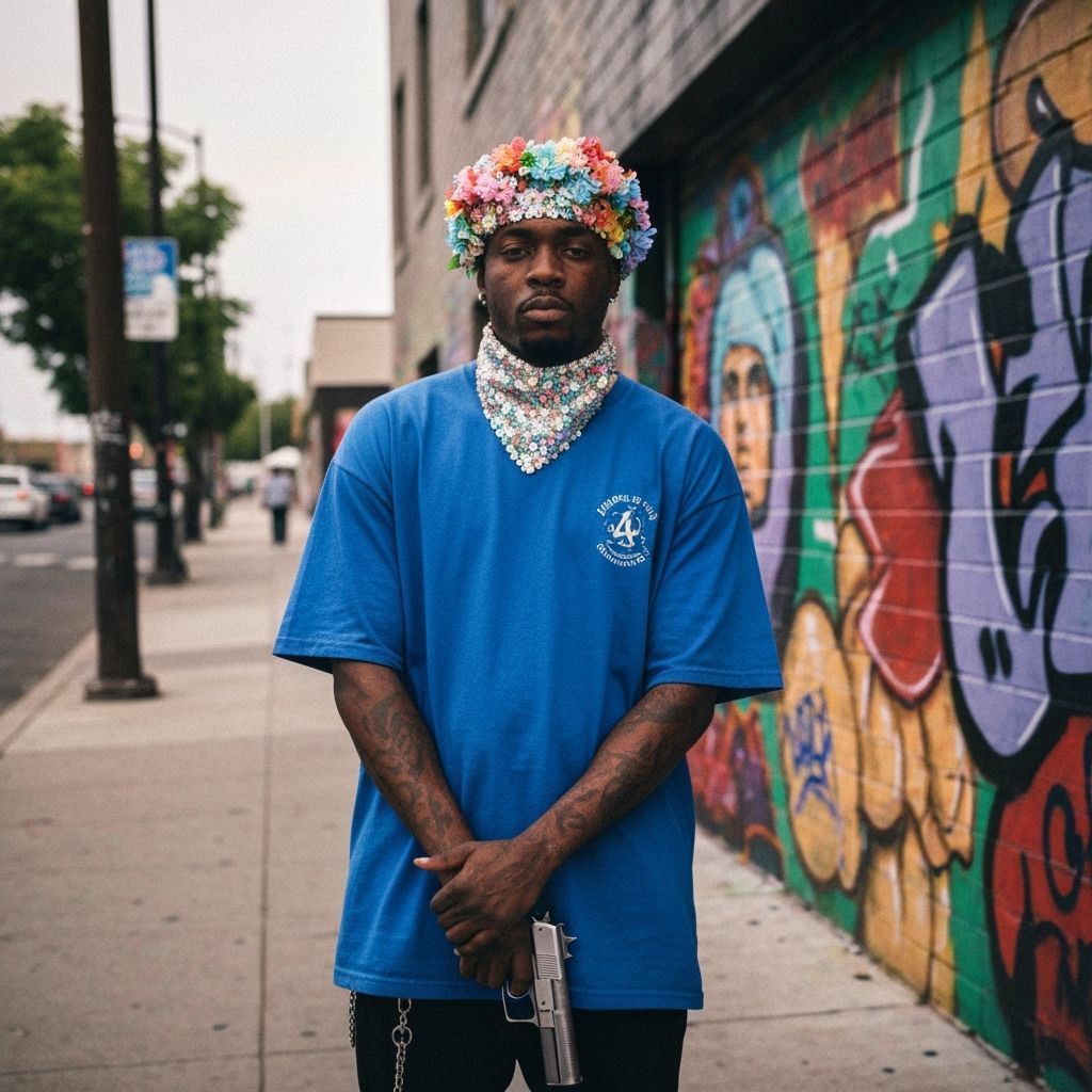 Gang Member with Floral Bandana in Cinematic Oil Painting St...