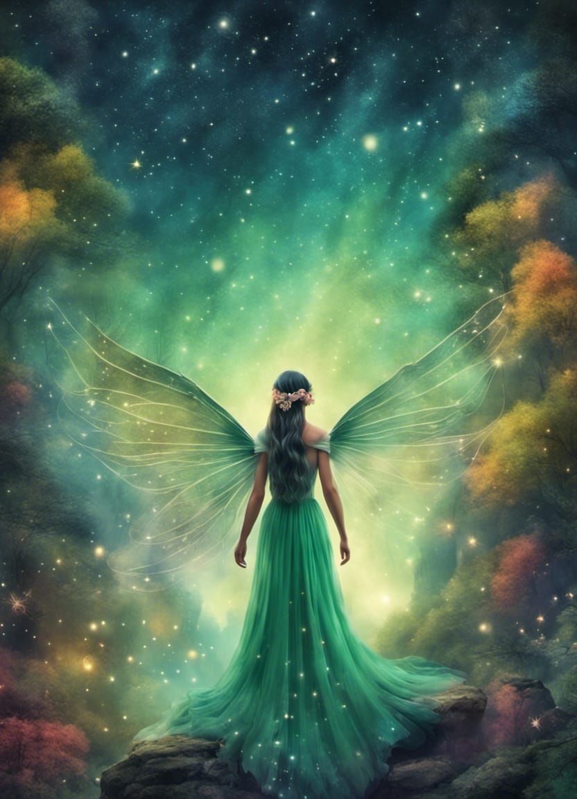 Fairy Woman in Colorful Forest at Night