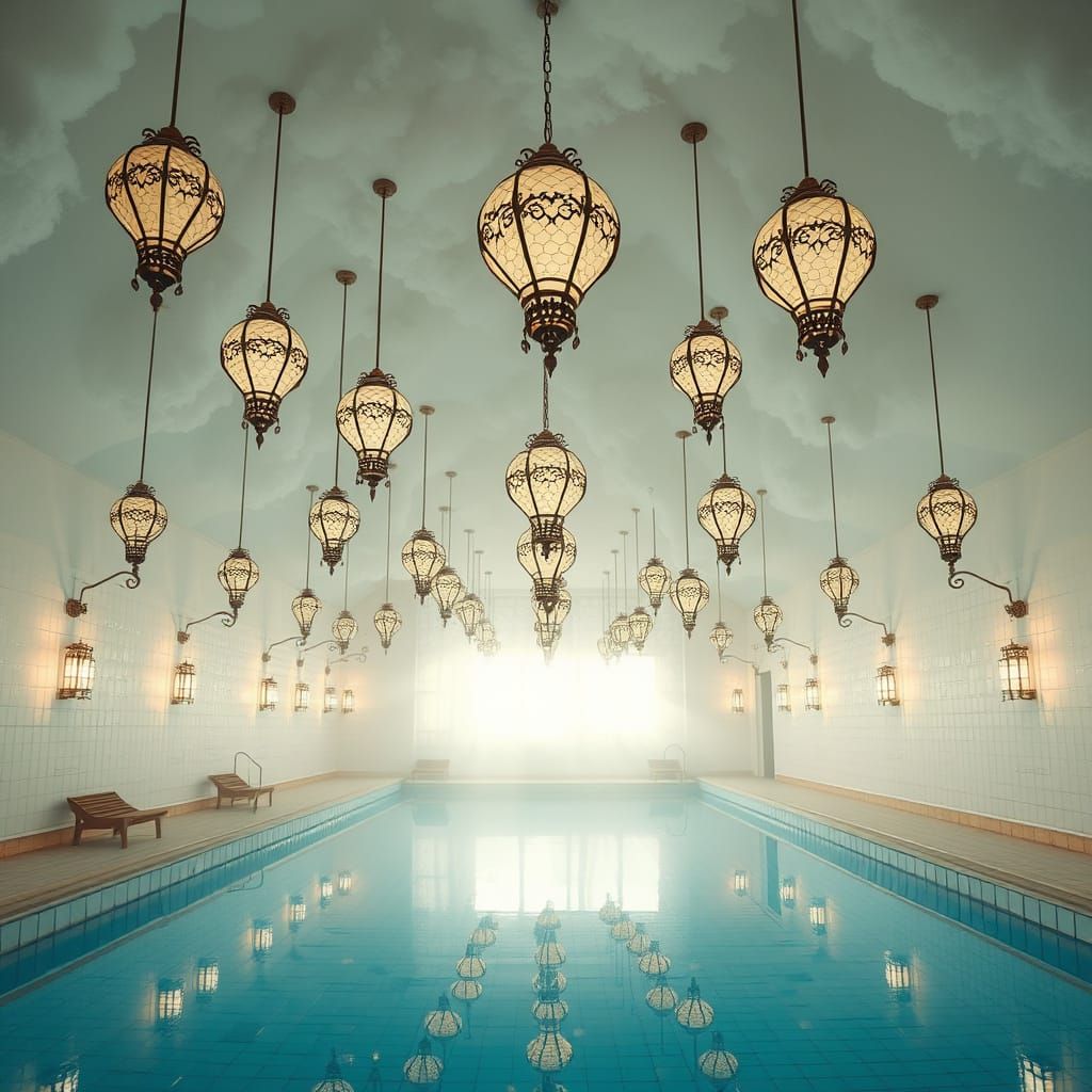 Dreamlike Liminal Pool with Hot Air Balloon Lamps