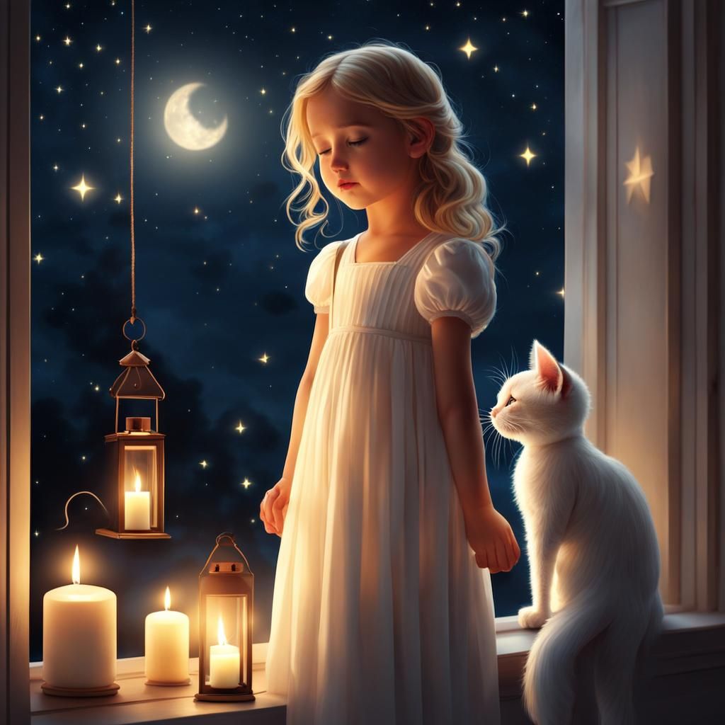 Girl with Kitten Walking with Lantern at Night