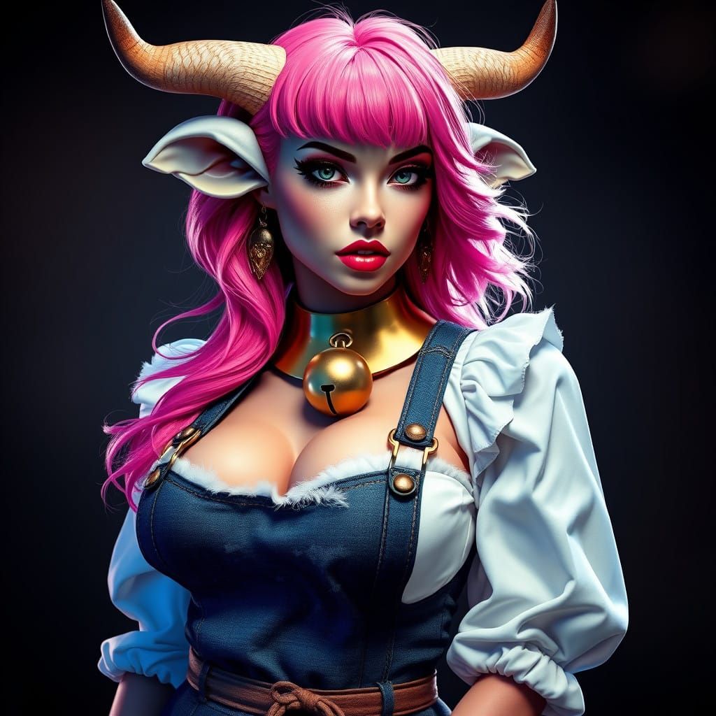 Fantasy Milkmaid Goddess with Bovine Features and Dramatic M...
