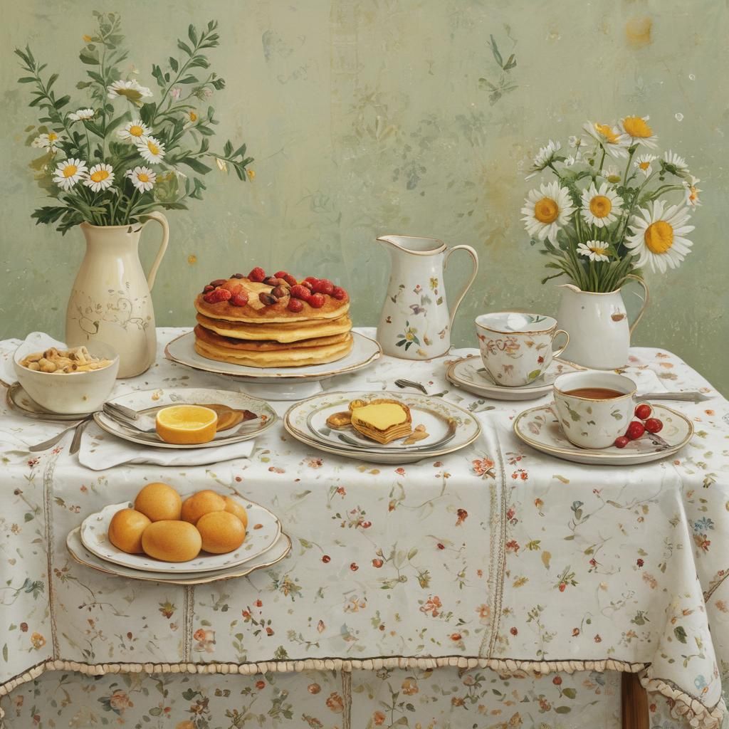 Cozy Breakfast Scene in Folk Art Style