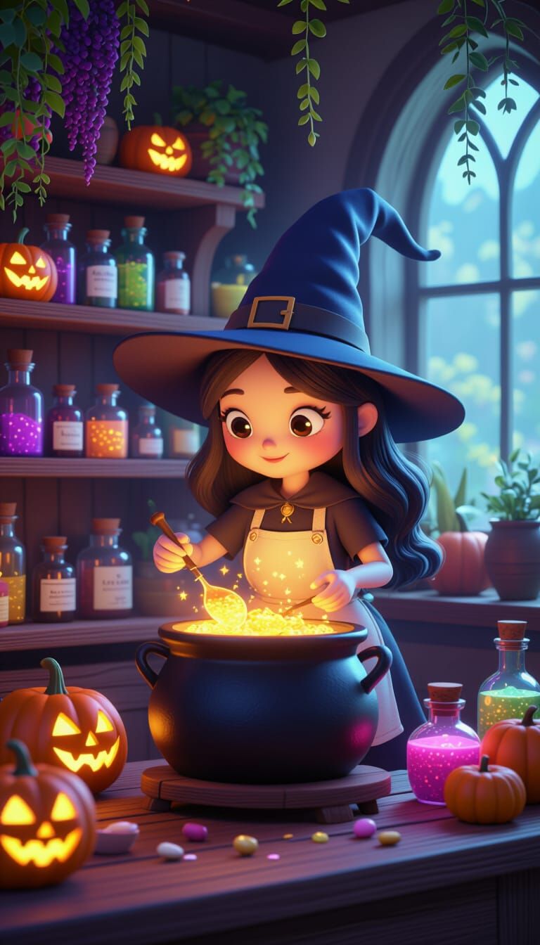 Cute Witch Pharmacist Stirring Glowing Potion in CGI Art