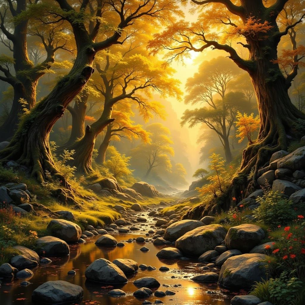Mystical Forest in Golden Sunlight