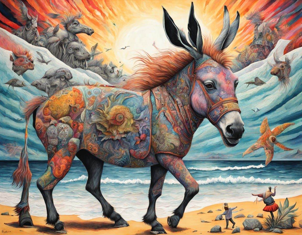 Cryptid Donkey Dances with Wrestler: A Surreal Painting