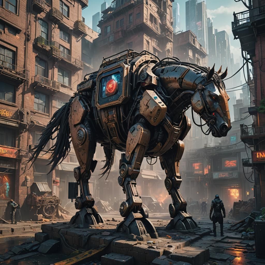 Cyberpunk Trojan Horse Breaching City Walls
