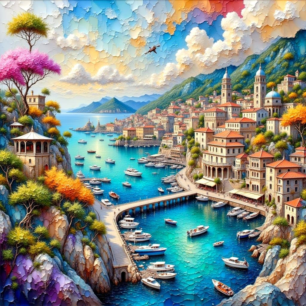 Monte Carlo Harbor in Watercolor Impasto Style