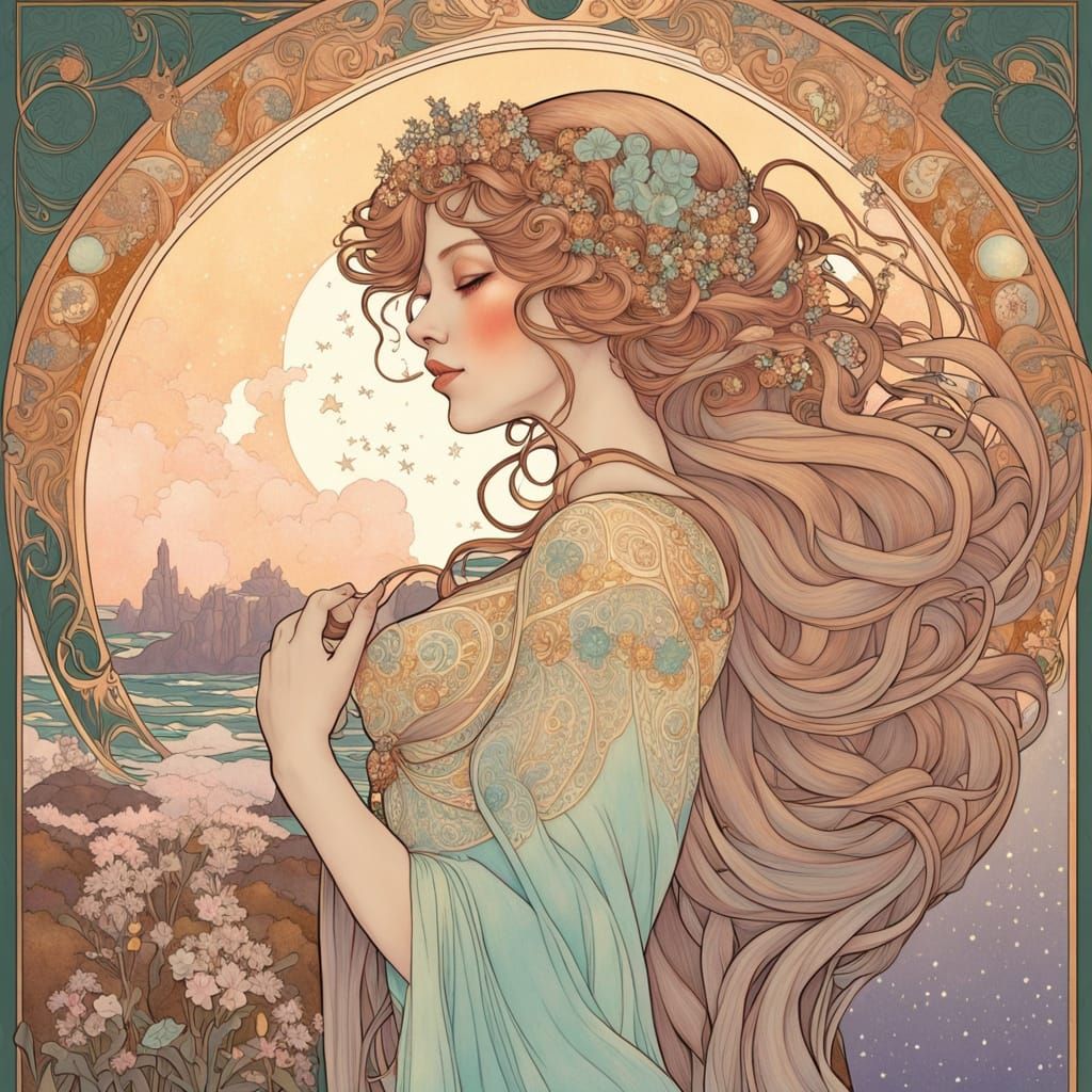 Celestial Woman Overlooking Starry Ocean: Art Nouveau