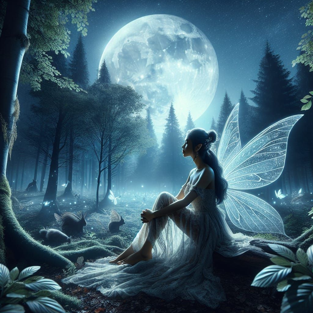 Enchanting Moonlit Forest Scene with Realistic Fairy