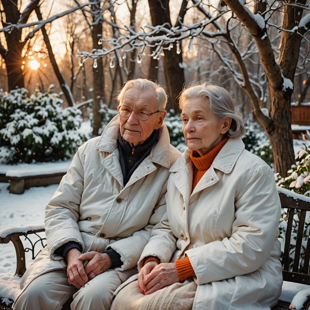 Elderly Couple in Winter Garden, Soft Focus Photography