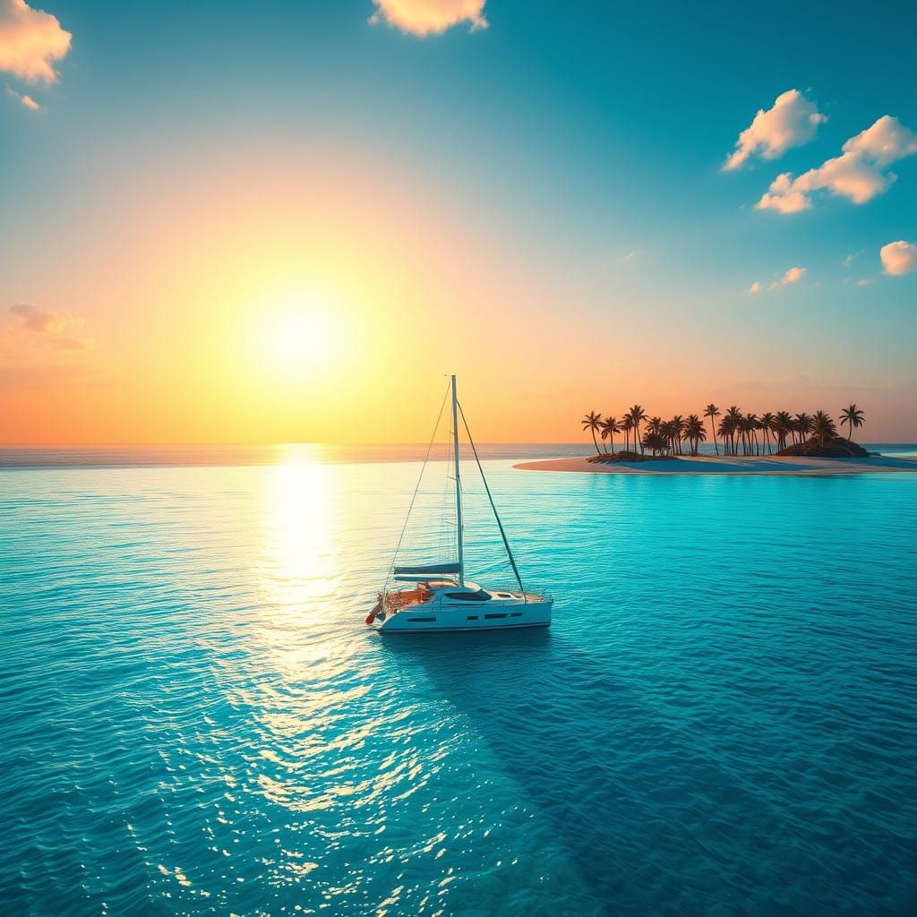 Serenely Gliding Catamaran on a Turquoise Sea in Matte Paint...