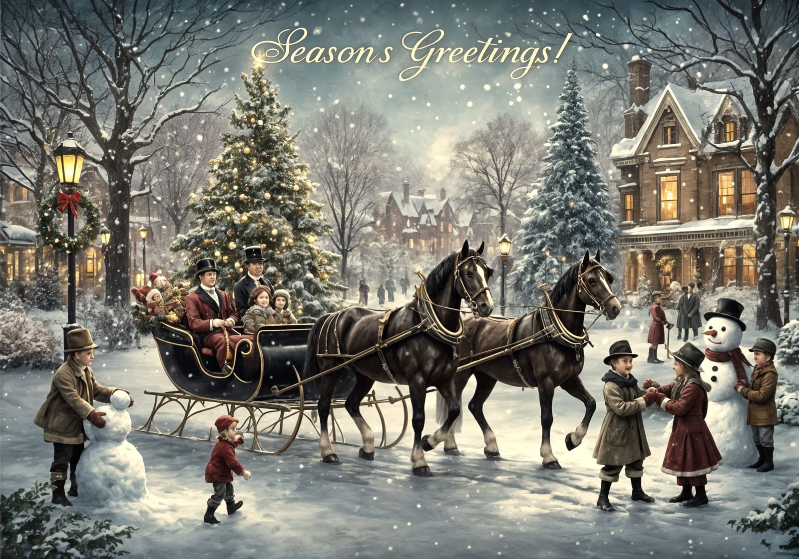 Victorian Winter Scene in Folk Art Style