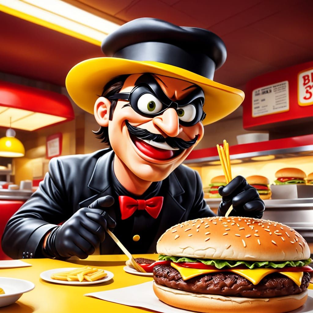 Hamburglar Steals Burger in Vibrant Cartoon Style