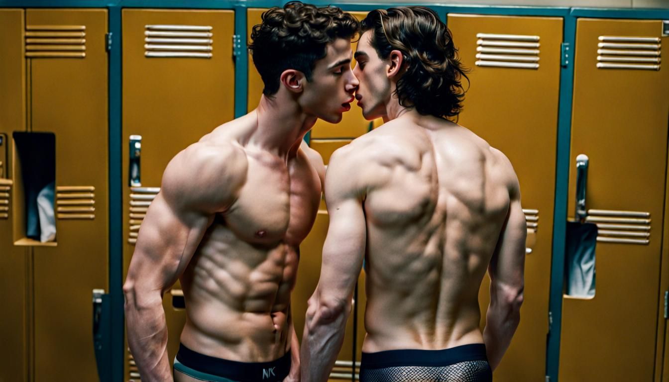Nick Jonas and Timothée Chalamet in underwear, in a locker r...
