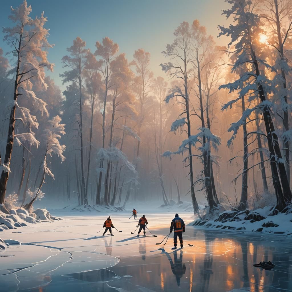 Hockey on Frozen Pond: Mid-Century Futurism Concept Art