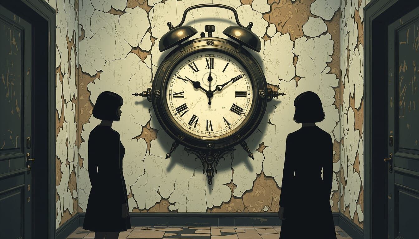 Eerie Room with Frozen Clock in Escher Style