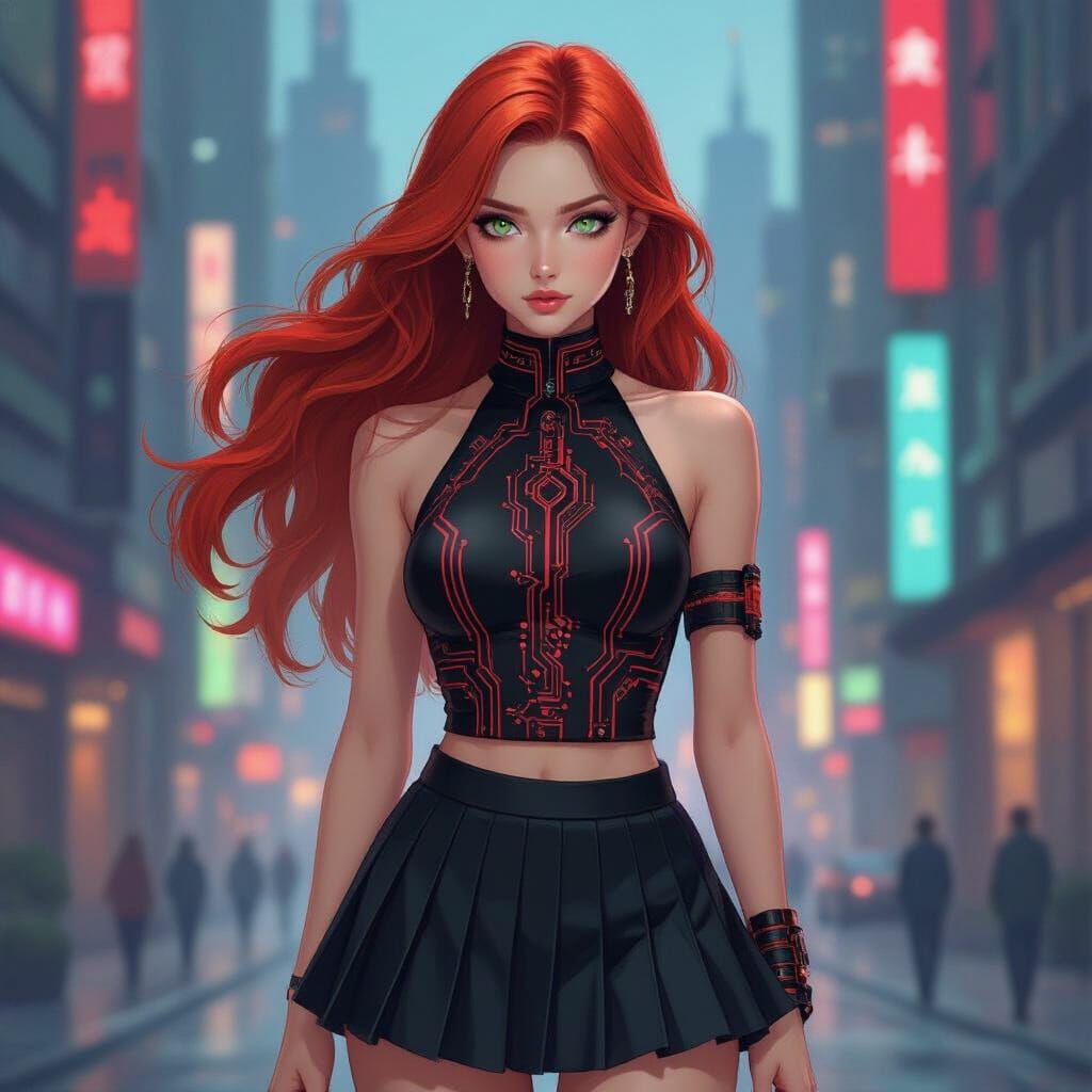 Futuristic Woman with Red Hair in Gouache Style