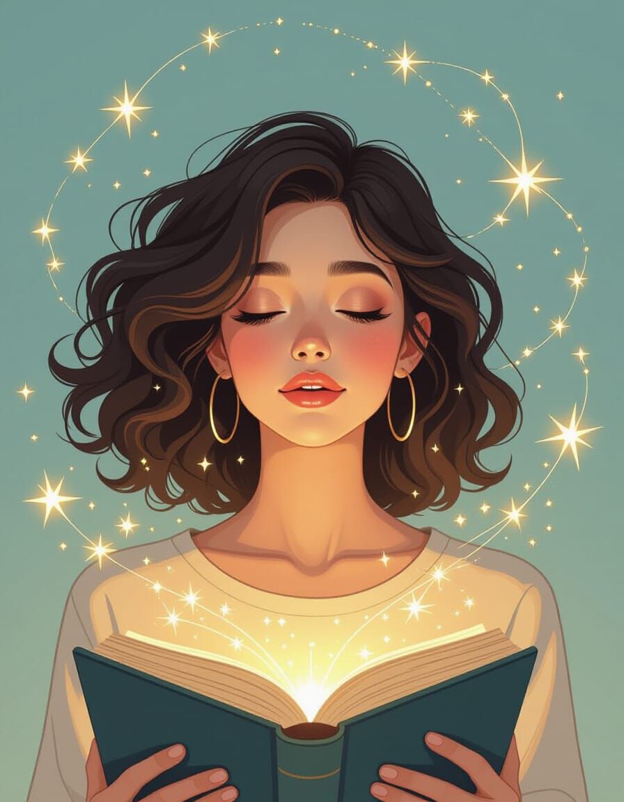Surreal Woman with Constellations and Books