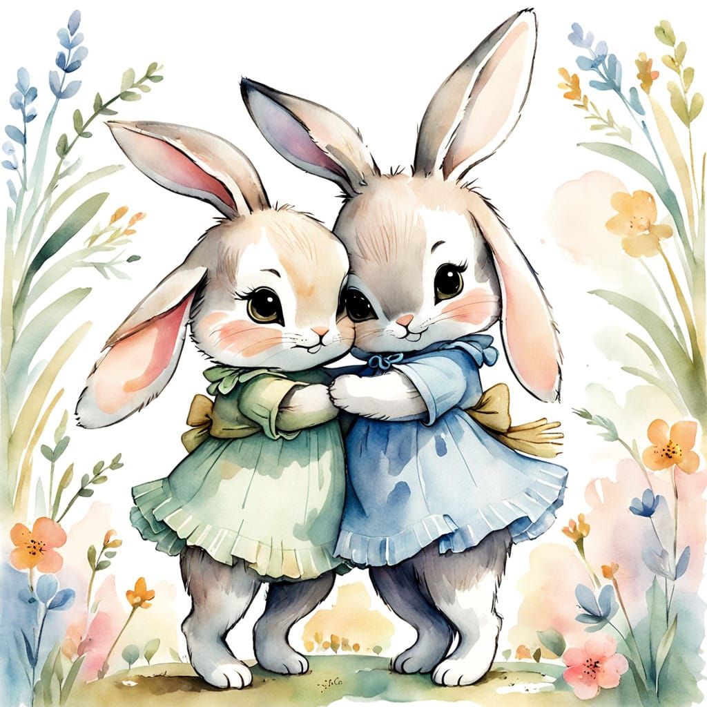 Whimsical Watercolor Baby Bunnies in Tender Hug