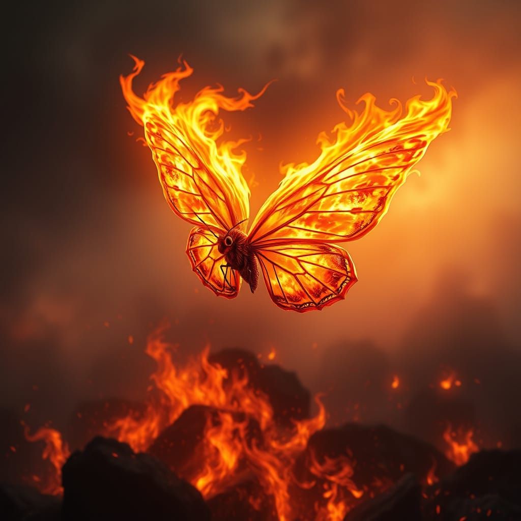 Flaming Butterfly Rises Above Inferno in Hyperrealistic Styl...