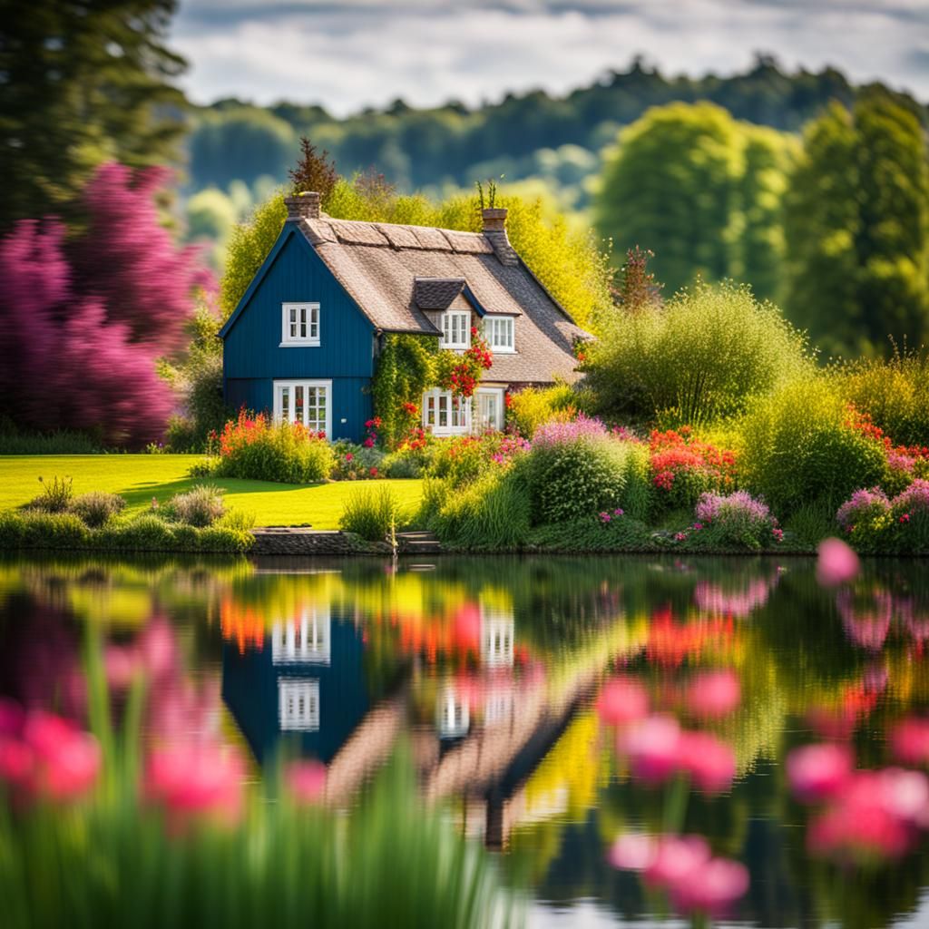 Idyllic English Cottage Reflected on Lake
