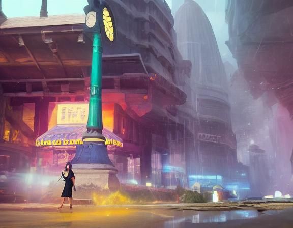 Woman on Beach in Morning Sunlight, Kawaii Cartoon