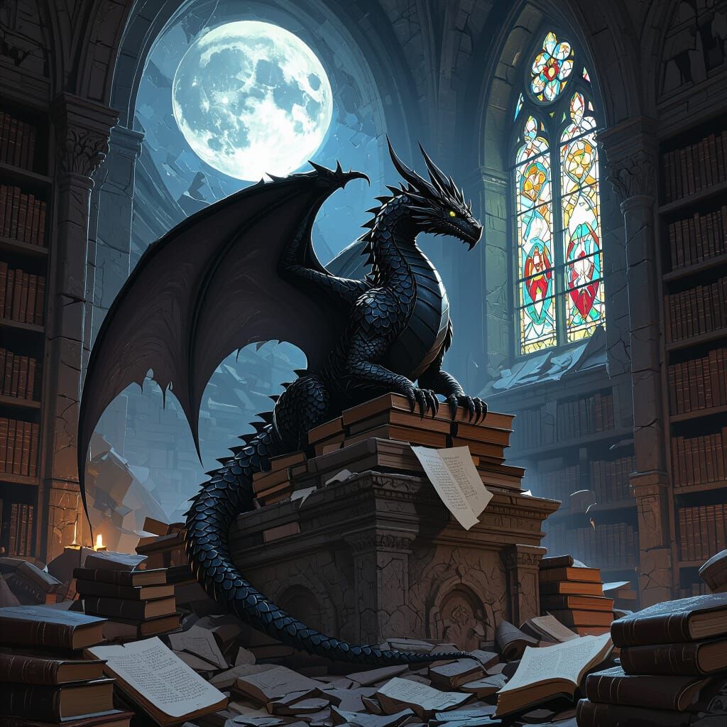 Obsidian Dragon Perched Atop Ancient Library