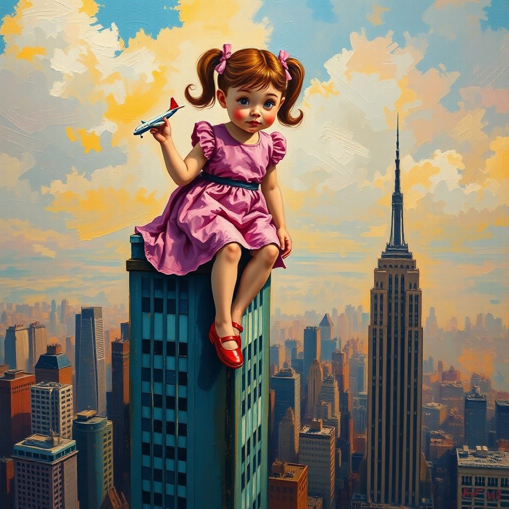 Giant Girl in Pink Dress on Skyscraper as Neo-Impressionist ...