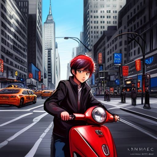 Boy's Scooter Chase in New York: Manga Style