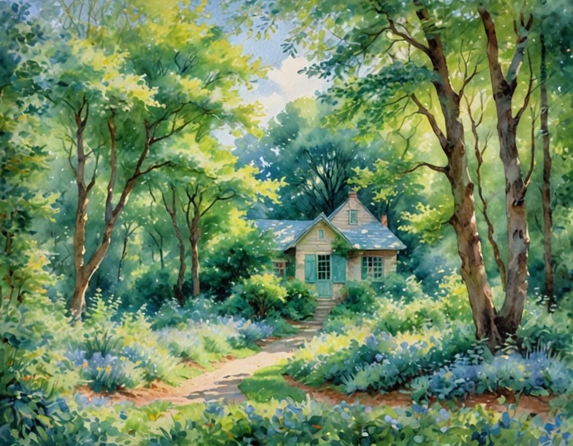 Whimsical Treehouse in Forest: Watercolor Impressionism