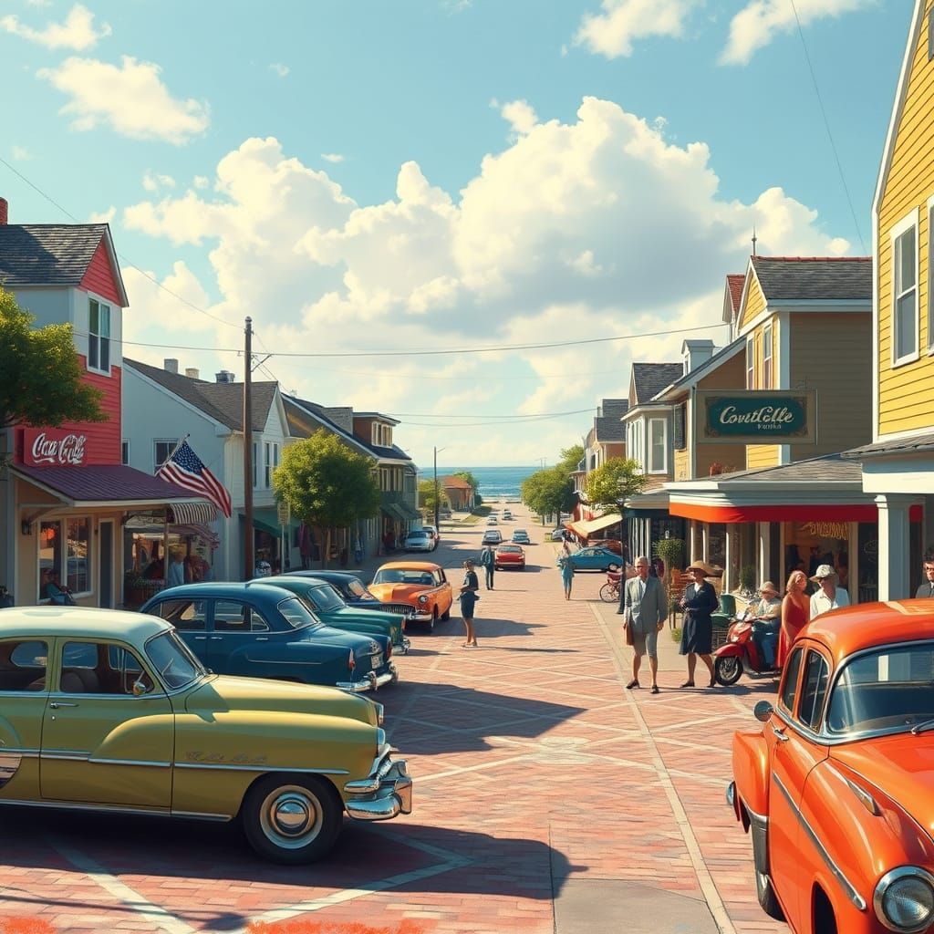 Nostalgic 1950s Town Square in Impressionistic Style