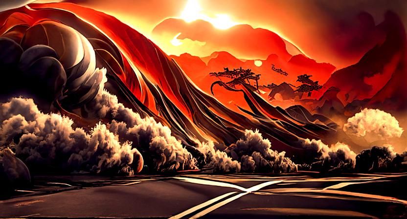 Ukiyo-e Landscape with Fire Roads in Silver Line Work