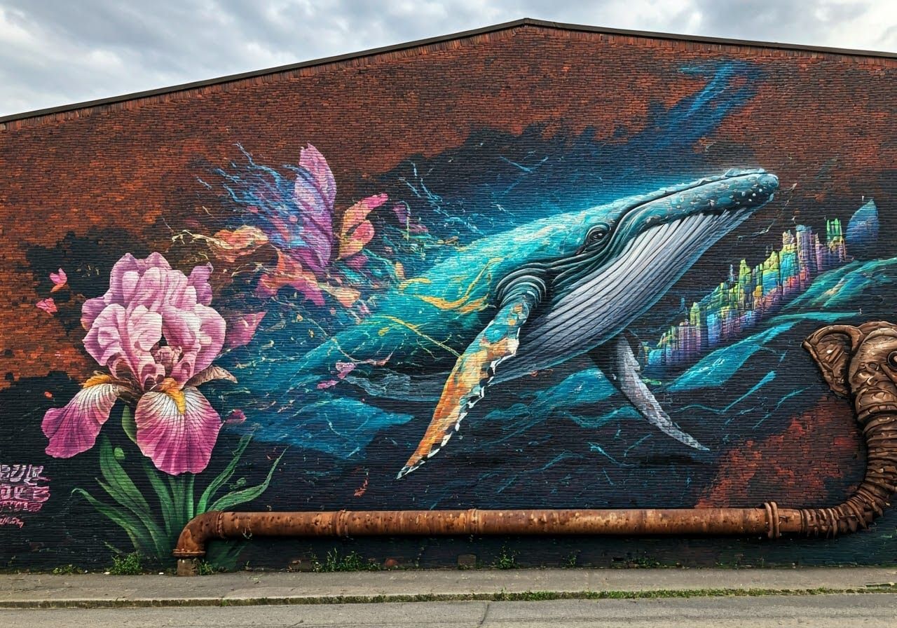 Surreal Whale Street Art on Brick Warehouse