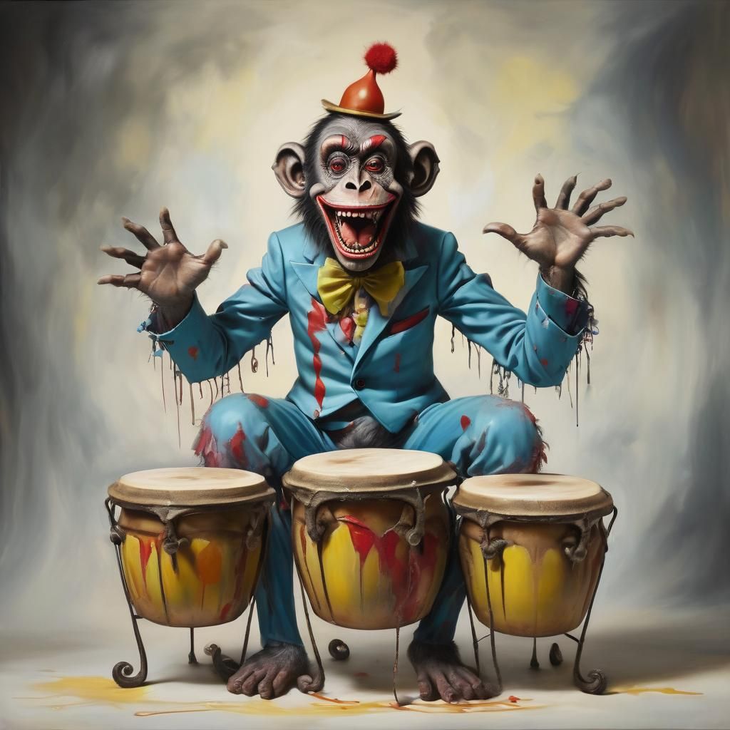 Surreal Zombie Monkey Clown Playing Bongos