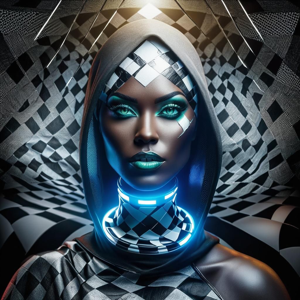 Checkerboard Woman with Green Eyes in Pastel Line Art