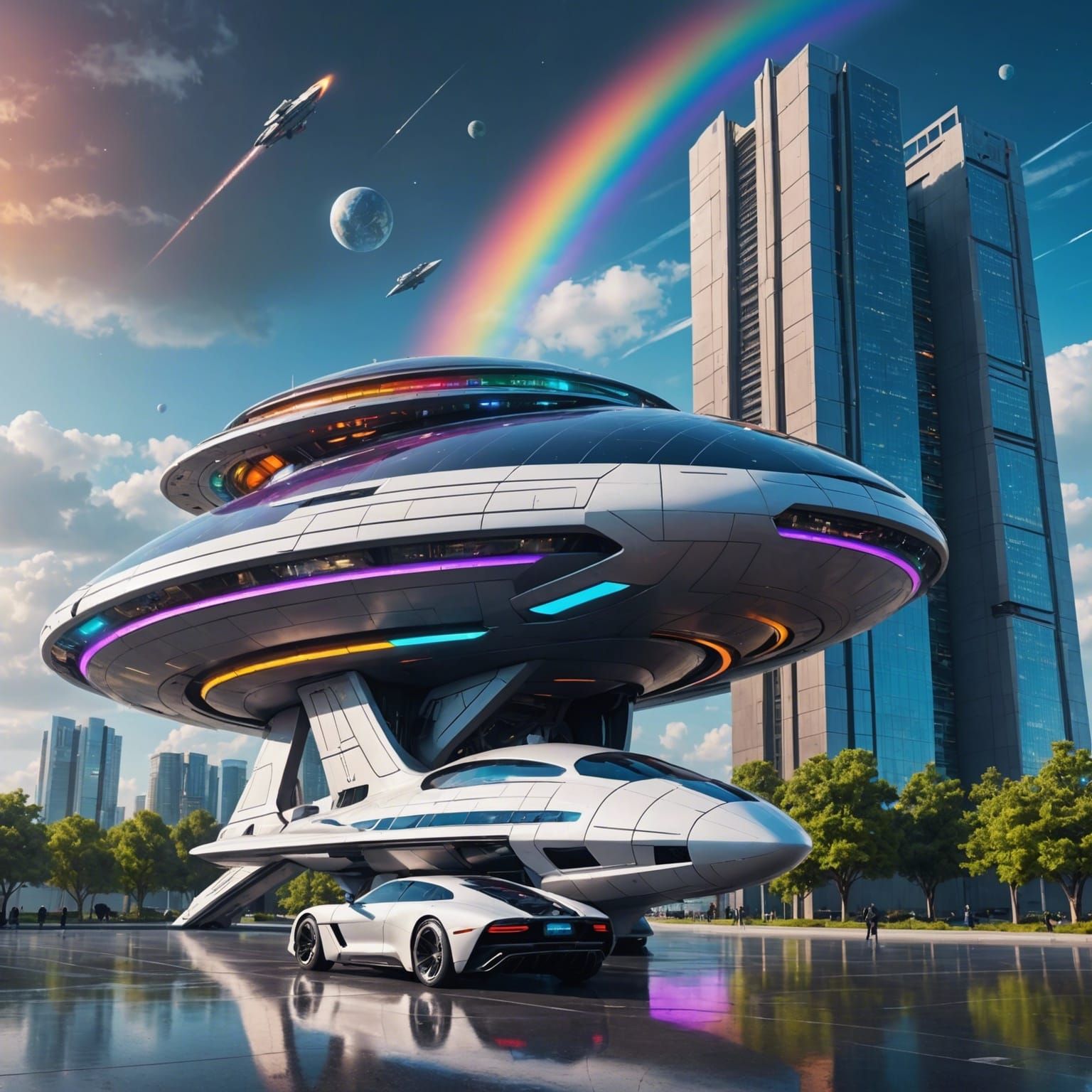 Futuristic Starship and Sci-Fi Building with Rainbow Galaxy