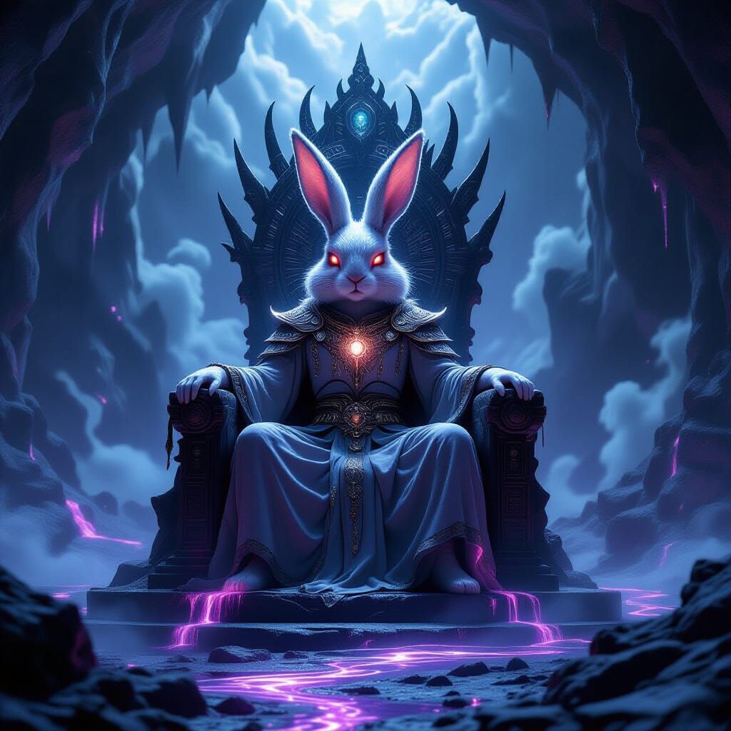Ancient Bunny Deity on Obsidian Throne in Star-Dusted Cavern