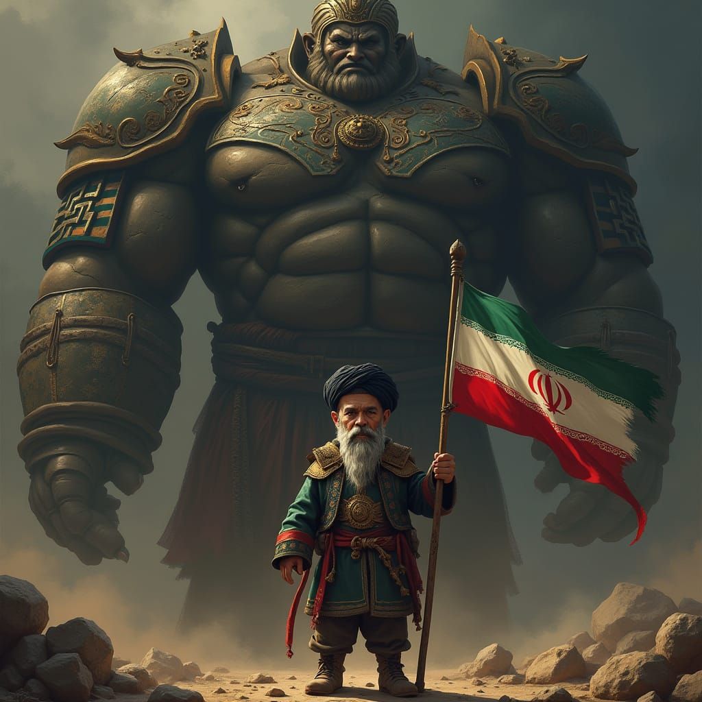 Iranian Dwarf Warrior Defies Giants with Majestic Flag
