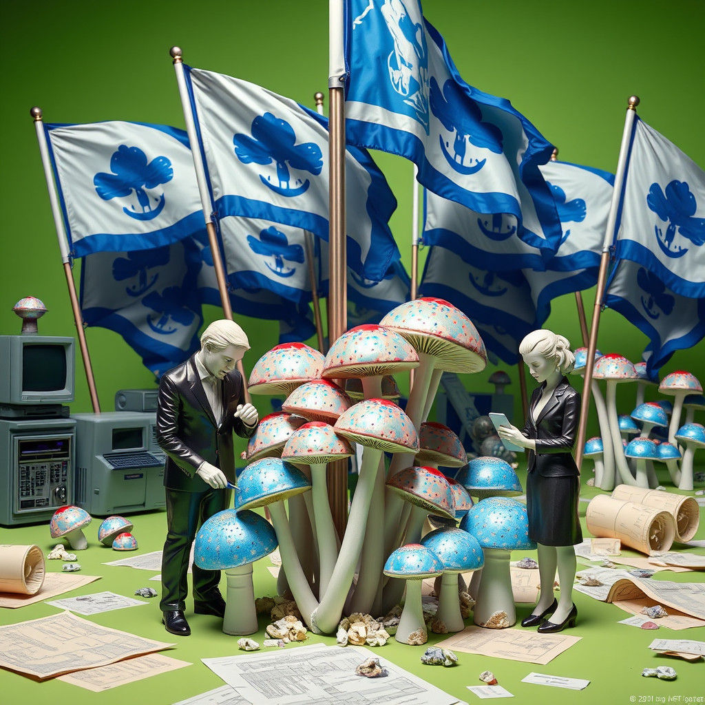 Surreal Mushroom Counting Scene in Dreamlike Style