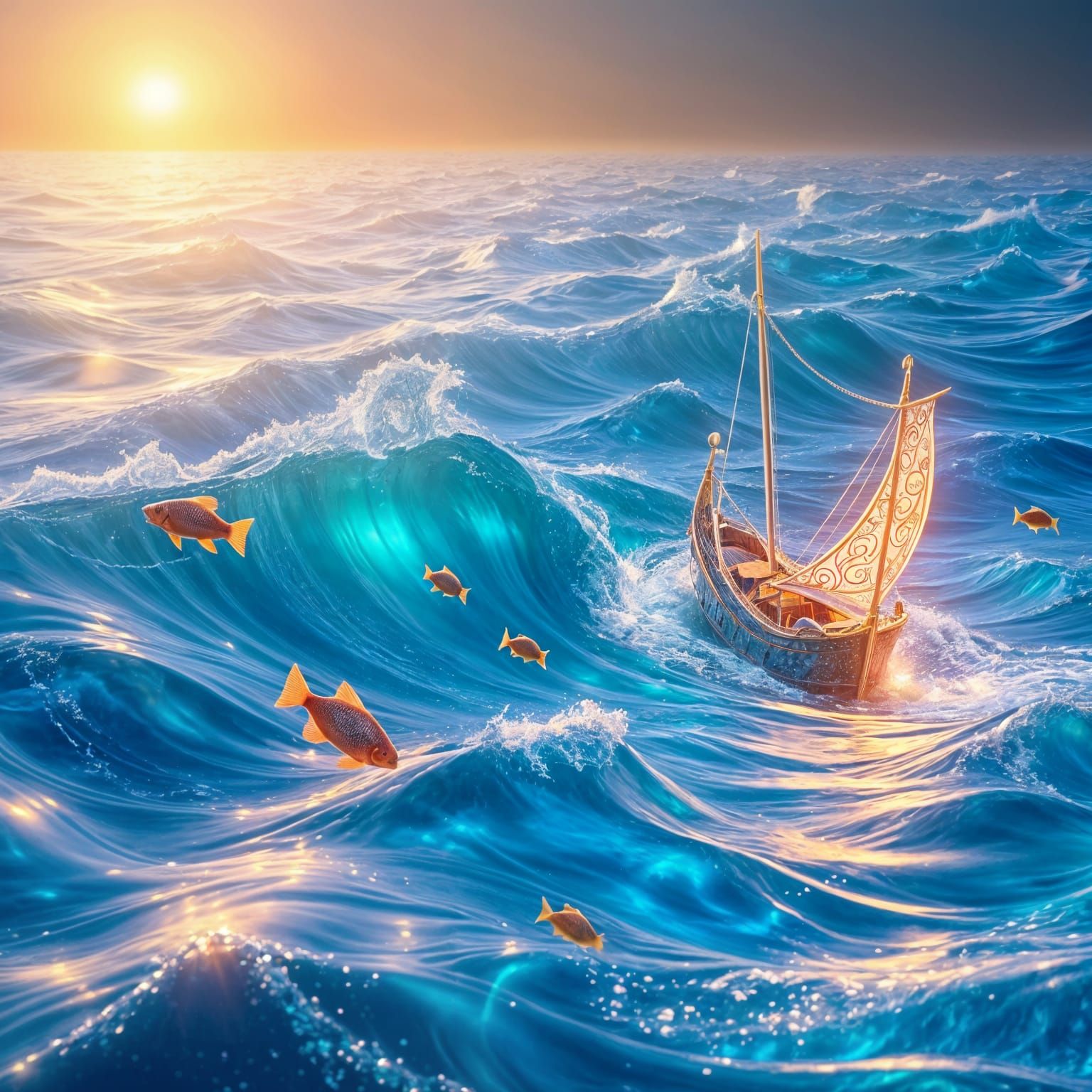 Luminous Ocean with Ethereal Vessel in 16K