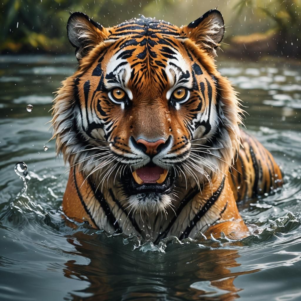 Powerful Tiger in Water: Hyper-Realistic Digital Art