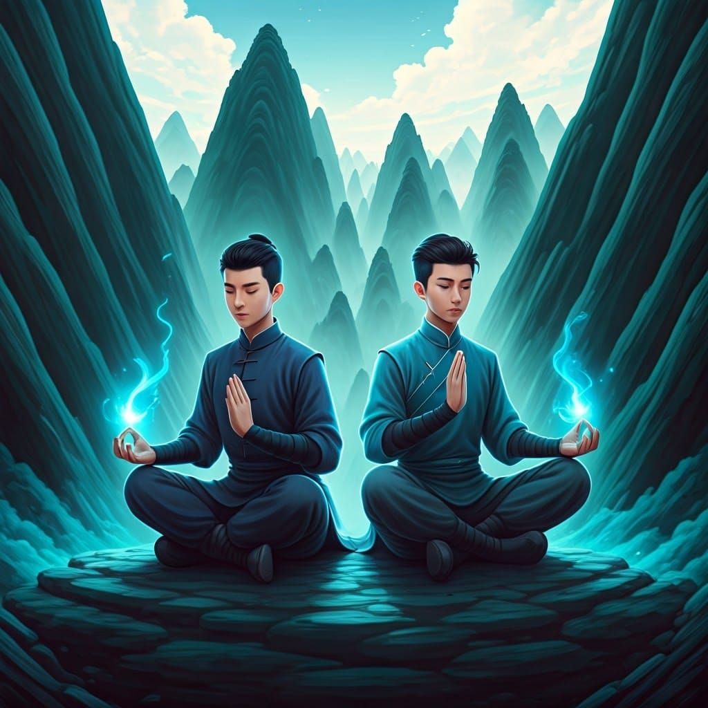 Boys Meditating with Ki Energy in Chinese Mountains
