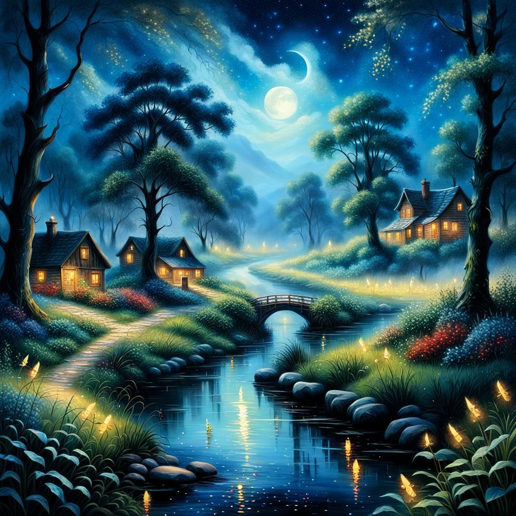 Colorful Fireflies Light Up Dark Countryside Oil Painting