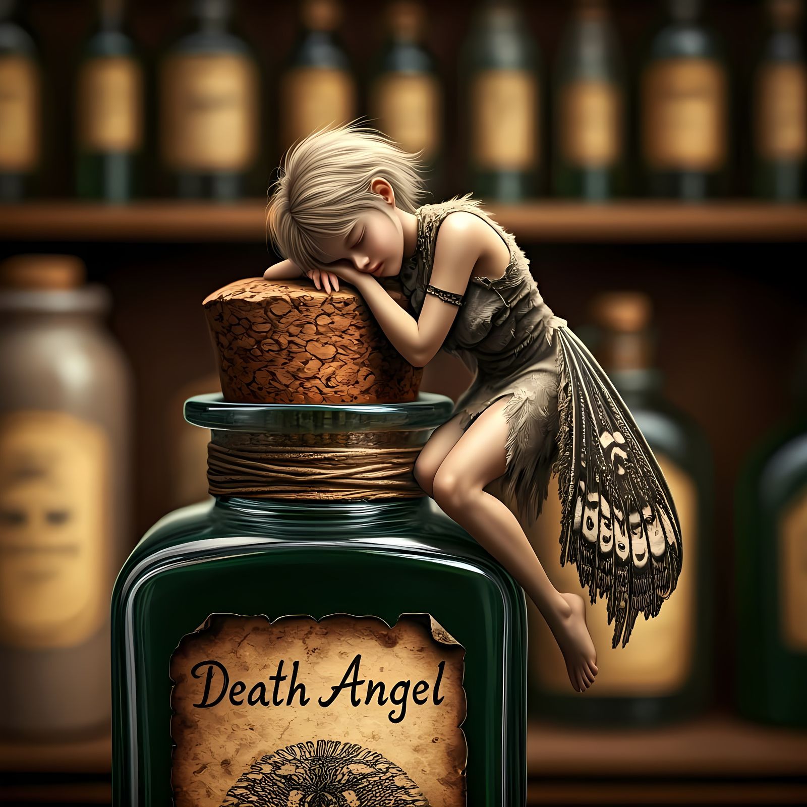 Death's-Head Moth Fairy on Antique Poison Bottle
