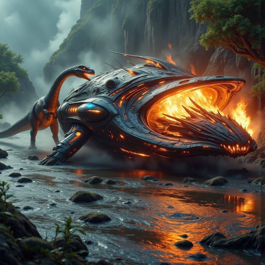 Tyrannosaurus Rex Discovers a Fiery Wreckage