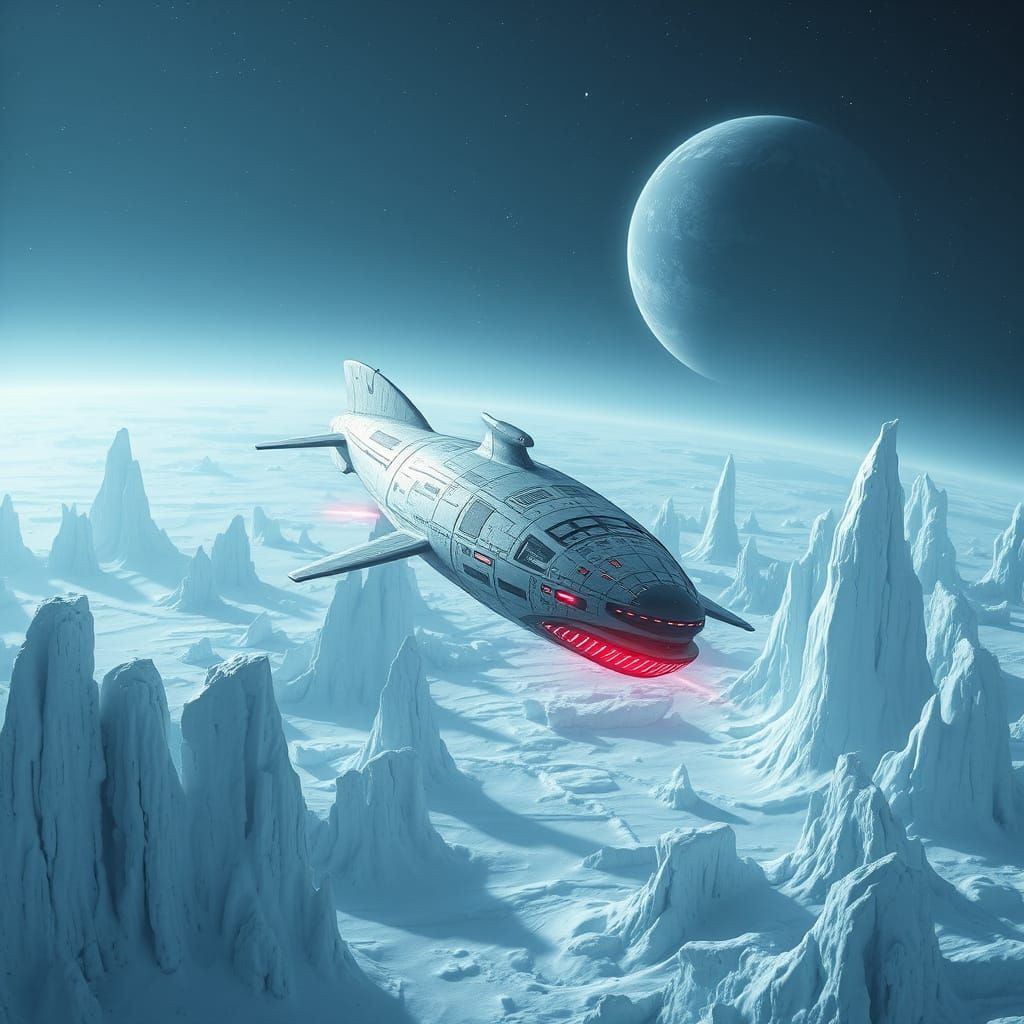 Futuristic Whale Spaceship Enters Frozen Planet Atmosphere