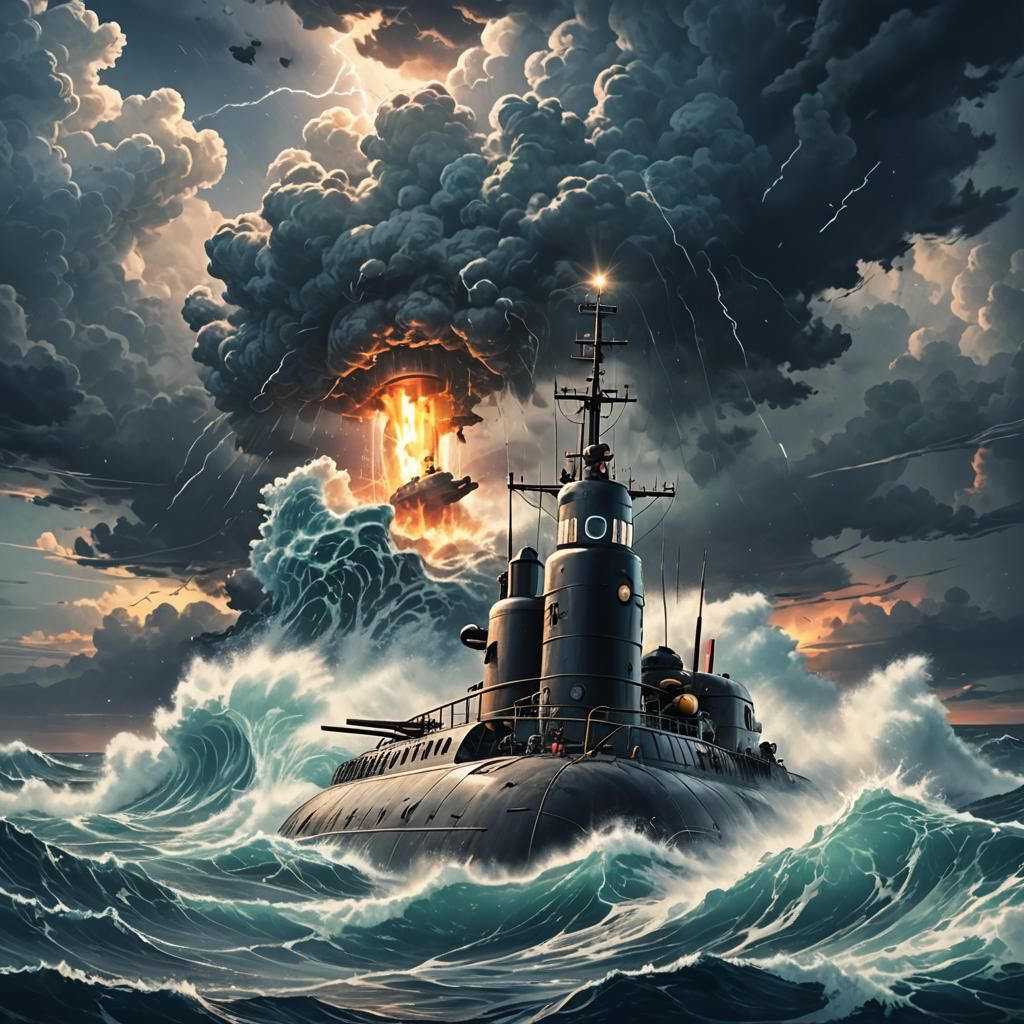 Submarine in Raging Ocean: Cinematic Anime Style