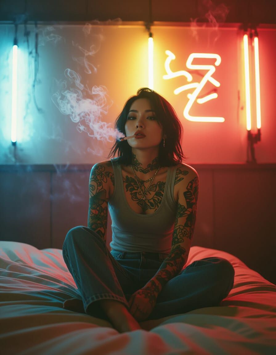 Gritty Film Photo of Tattooed Woman Smoking