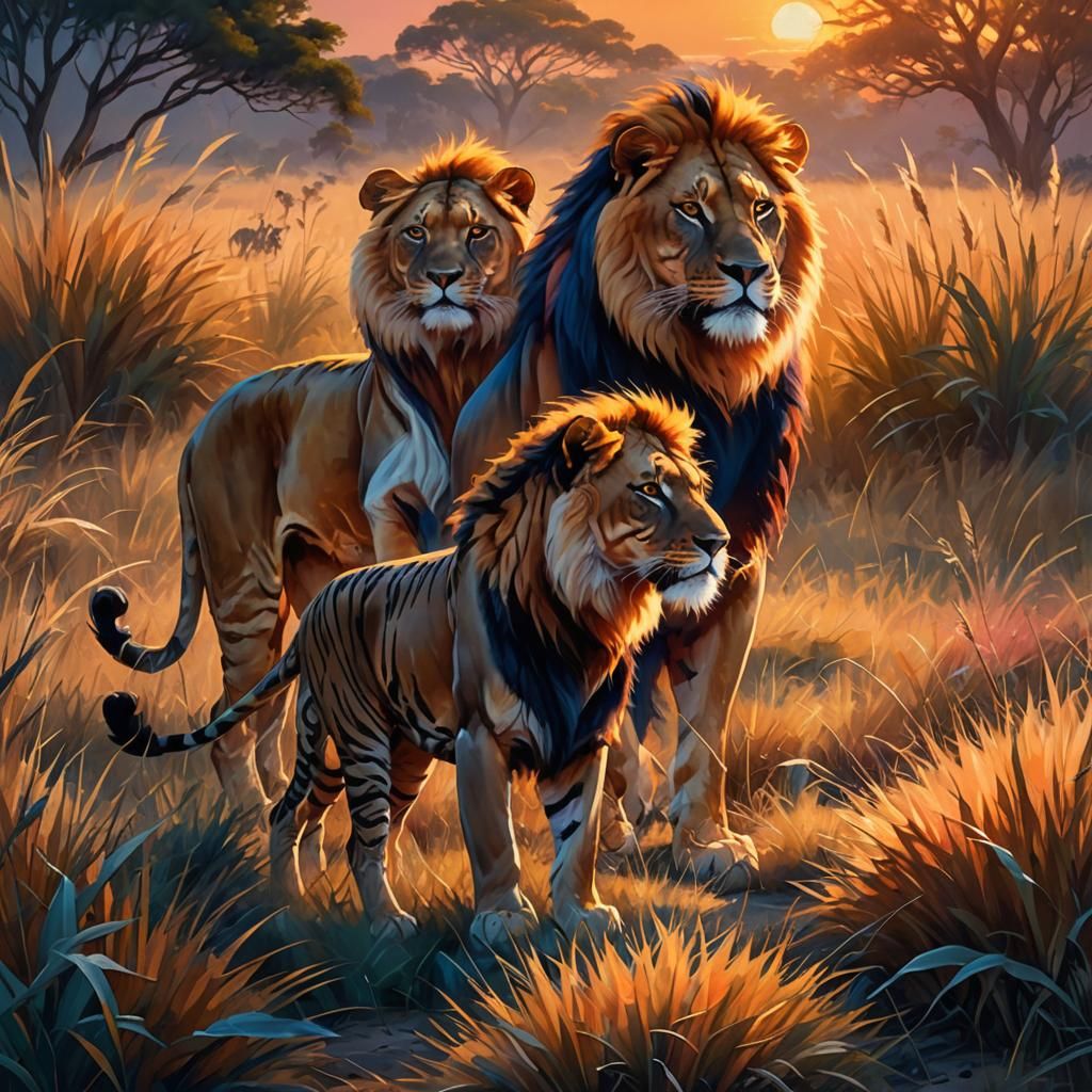 Lion and Tiger in Mystical Savannah Oil Painting