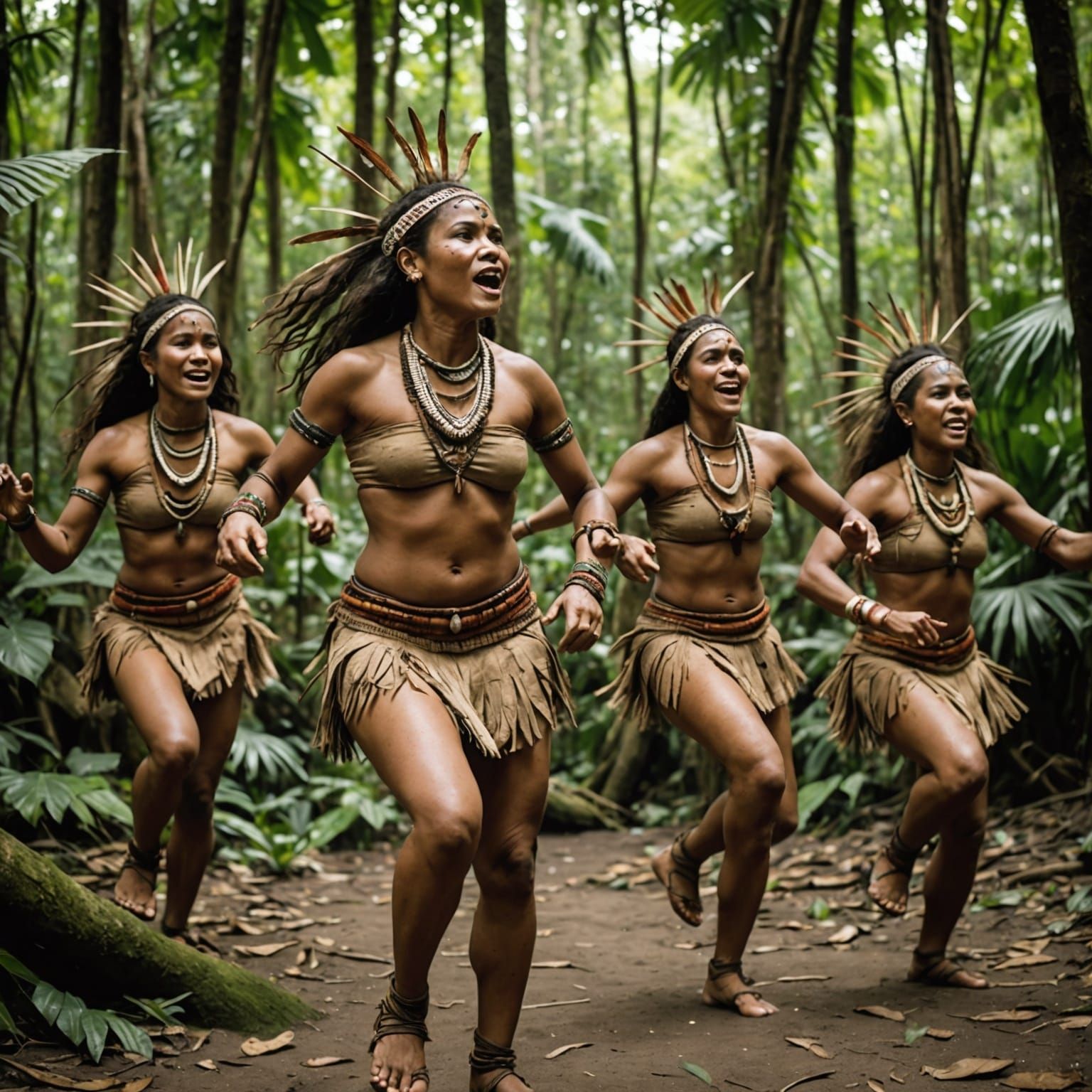 Tribal Women Dancing in Jungle Clearing
